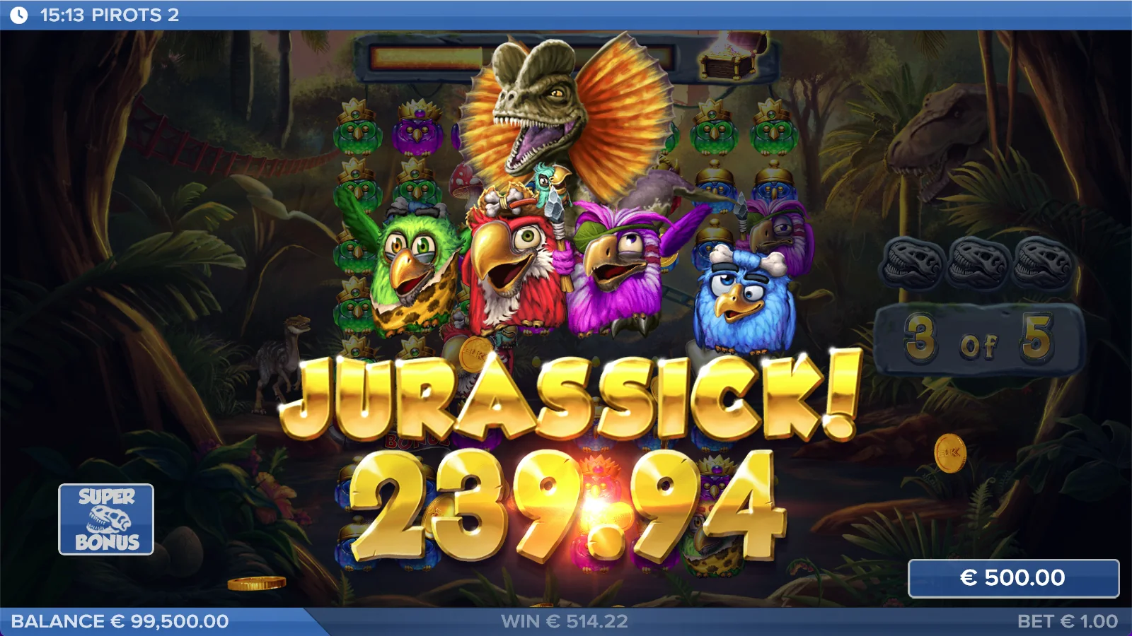 Pirots 2 Jurassick win screen with win animation