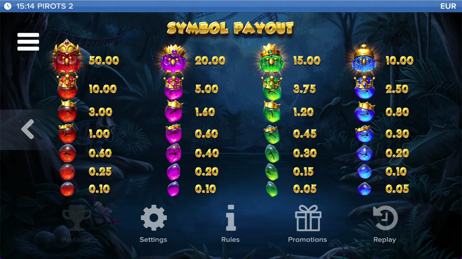 Pirots 2 paytable level 6 with symbols and values