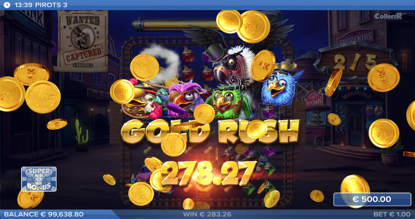 Pirots 3 gold rush win screen
