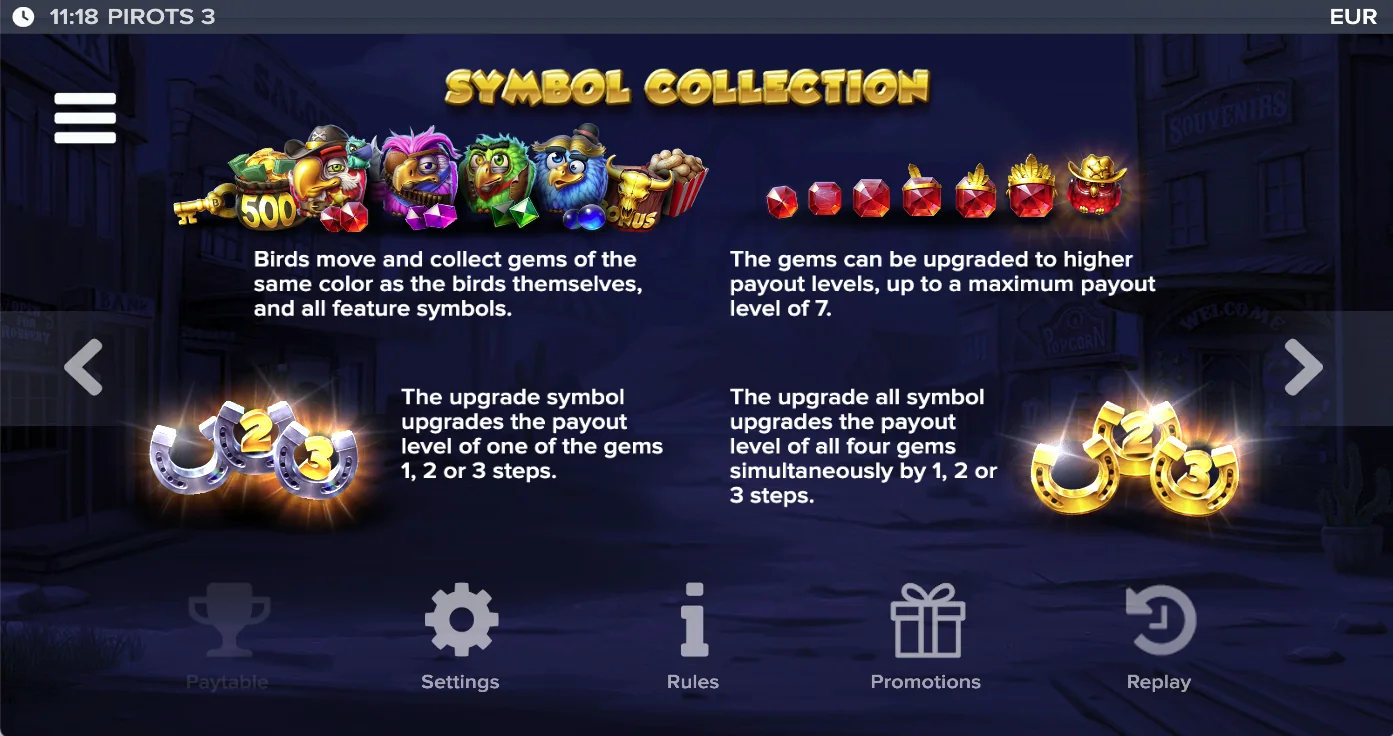 Pirots 3 paytable level 2 with symbols and values