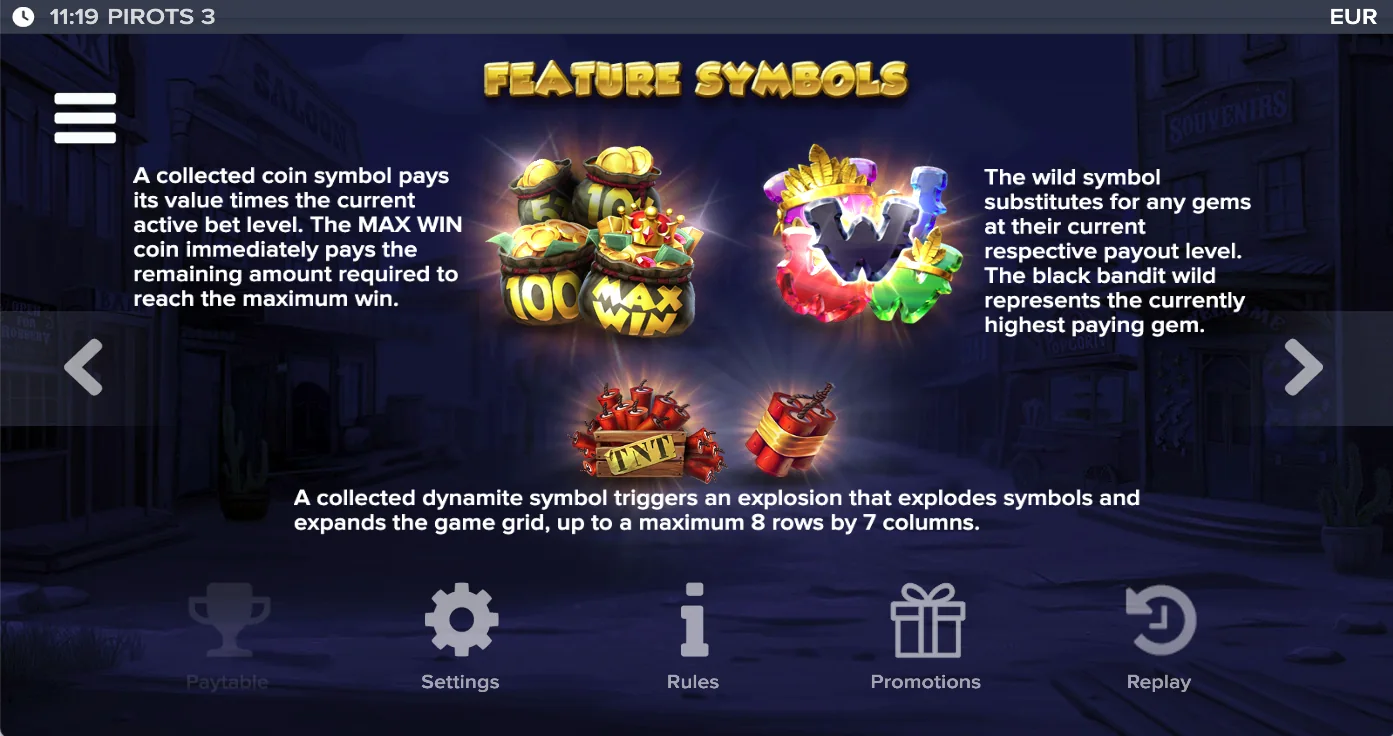 Pirots 3 paytable level 3 with symbols and values