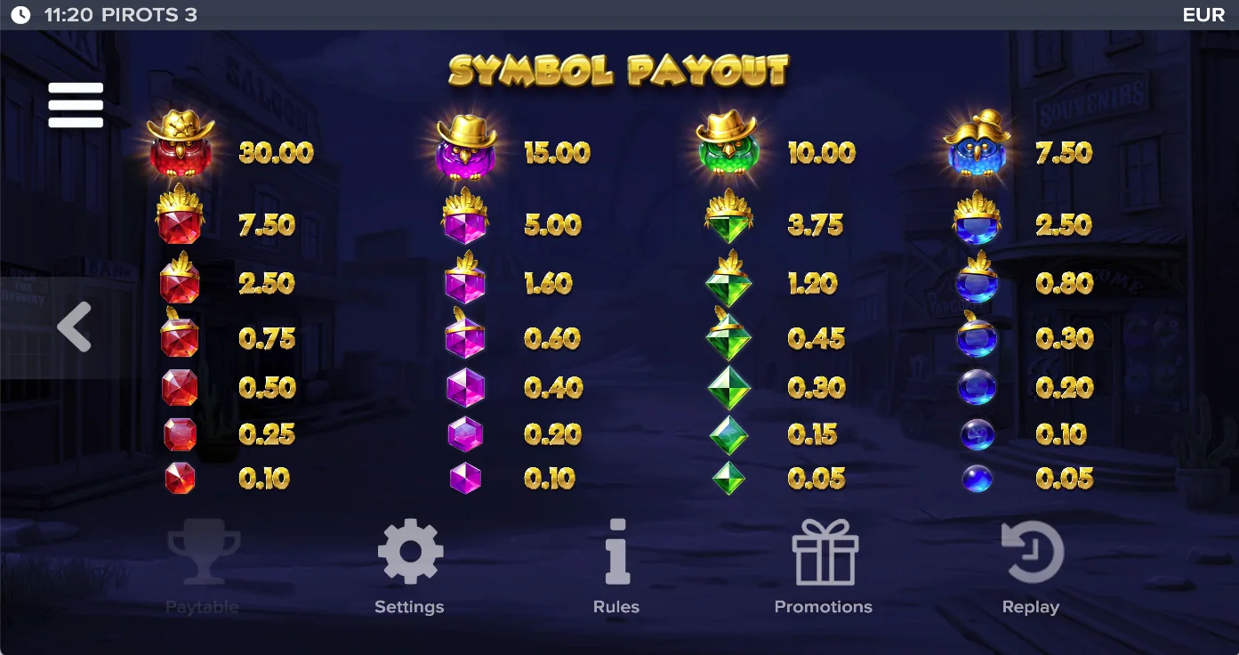 Pirots 3 paytable level 9 with symbols and values
