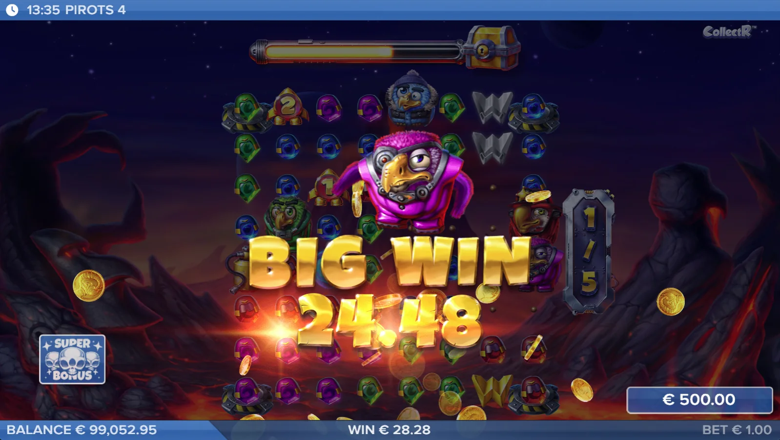 Pirots 4 big win screen with win animation in Inferno