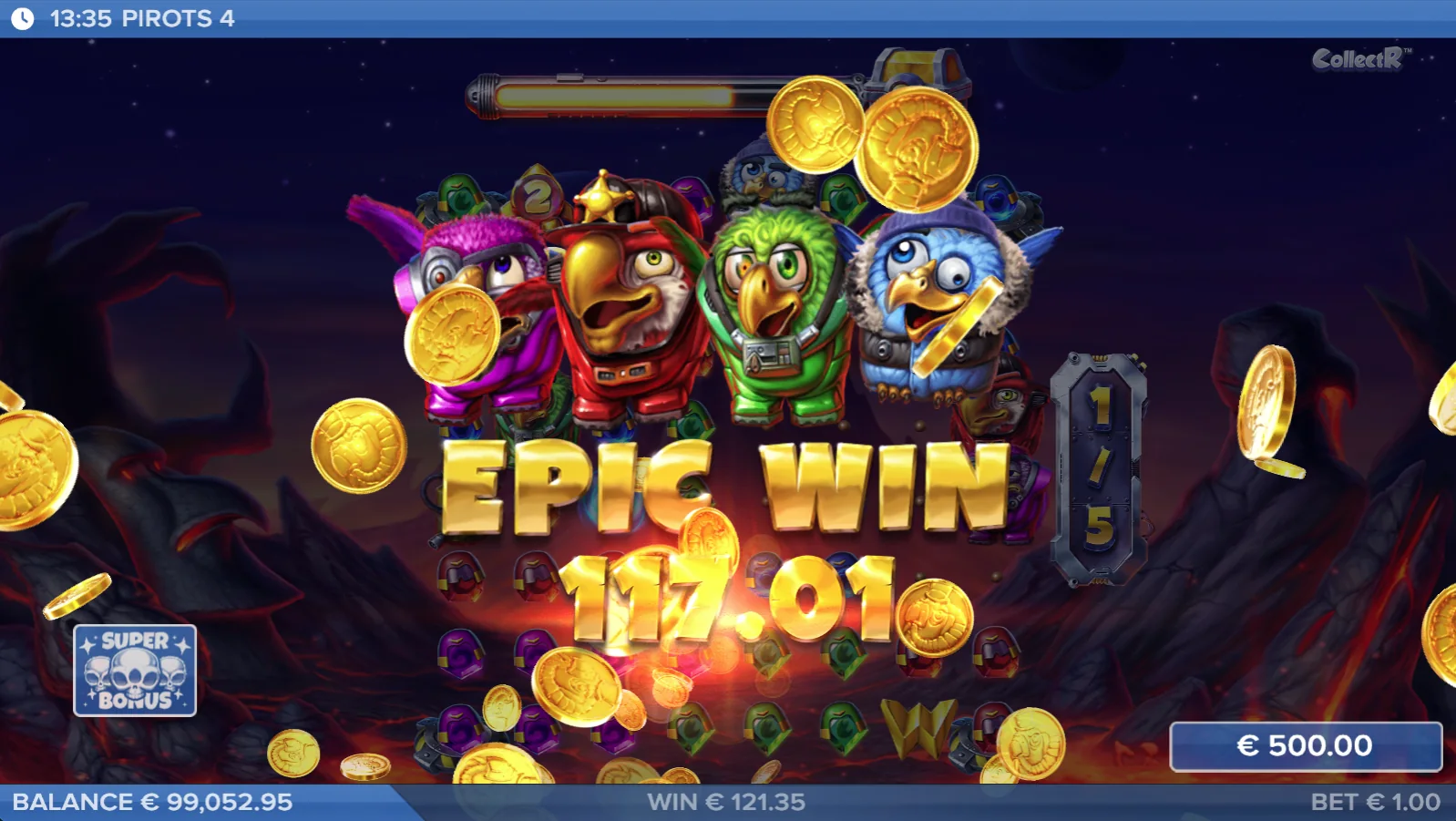Pirots 4 epic win screen with maximum win effect in Inferno