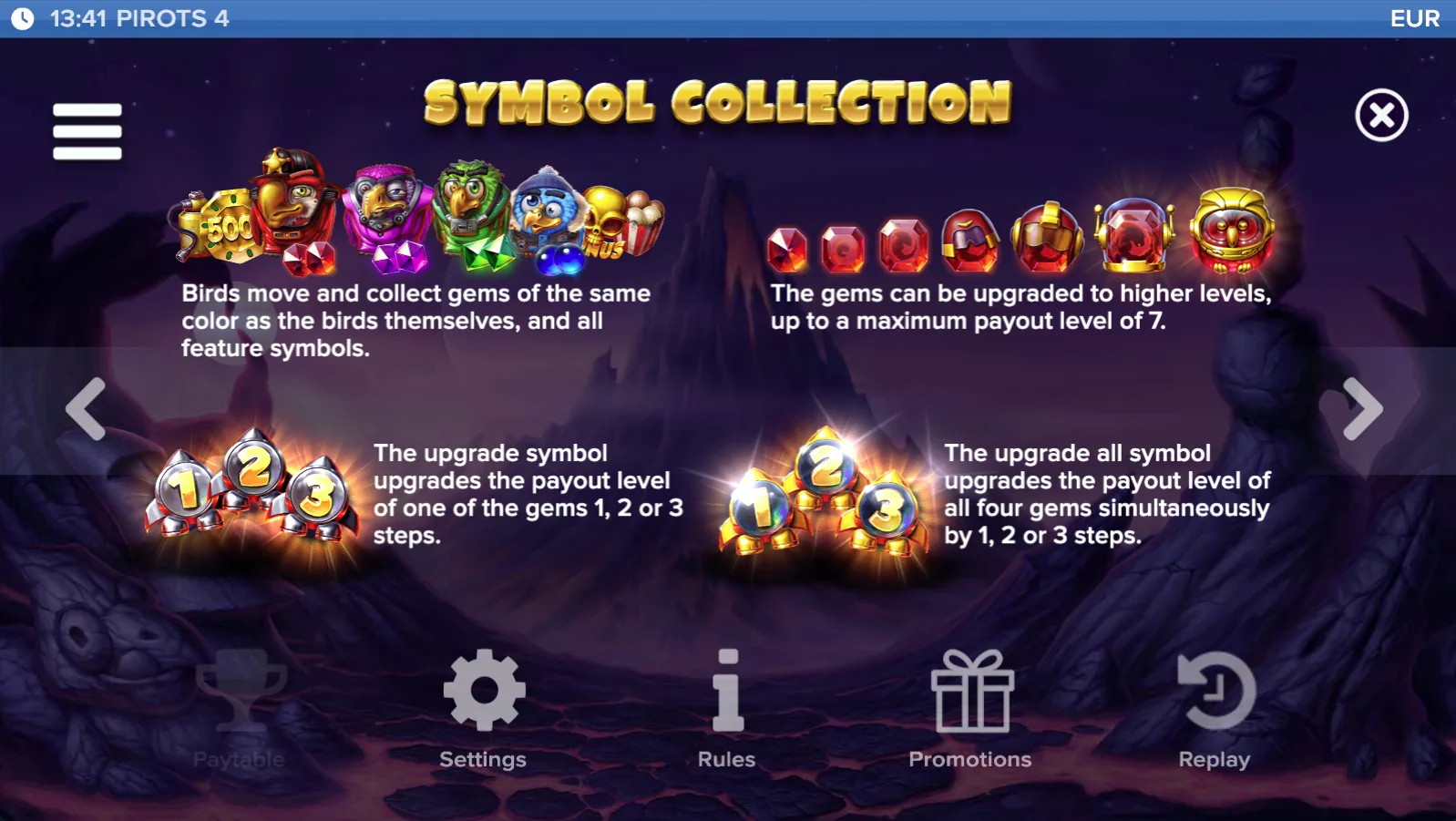 Pirots 4 paytable level 2 with symbols and values in Inferno