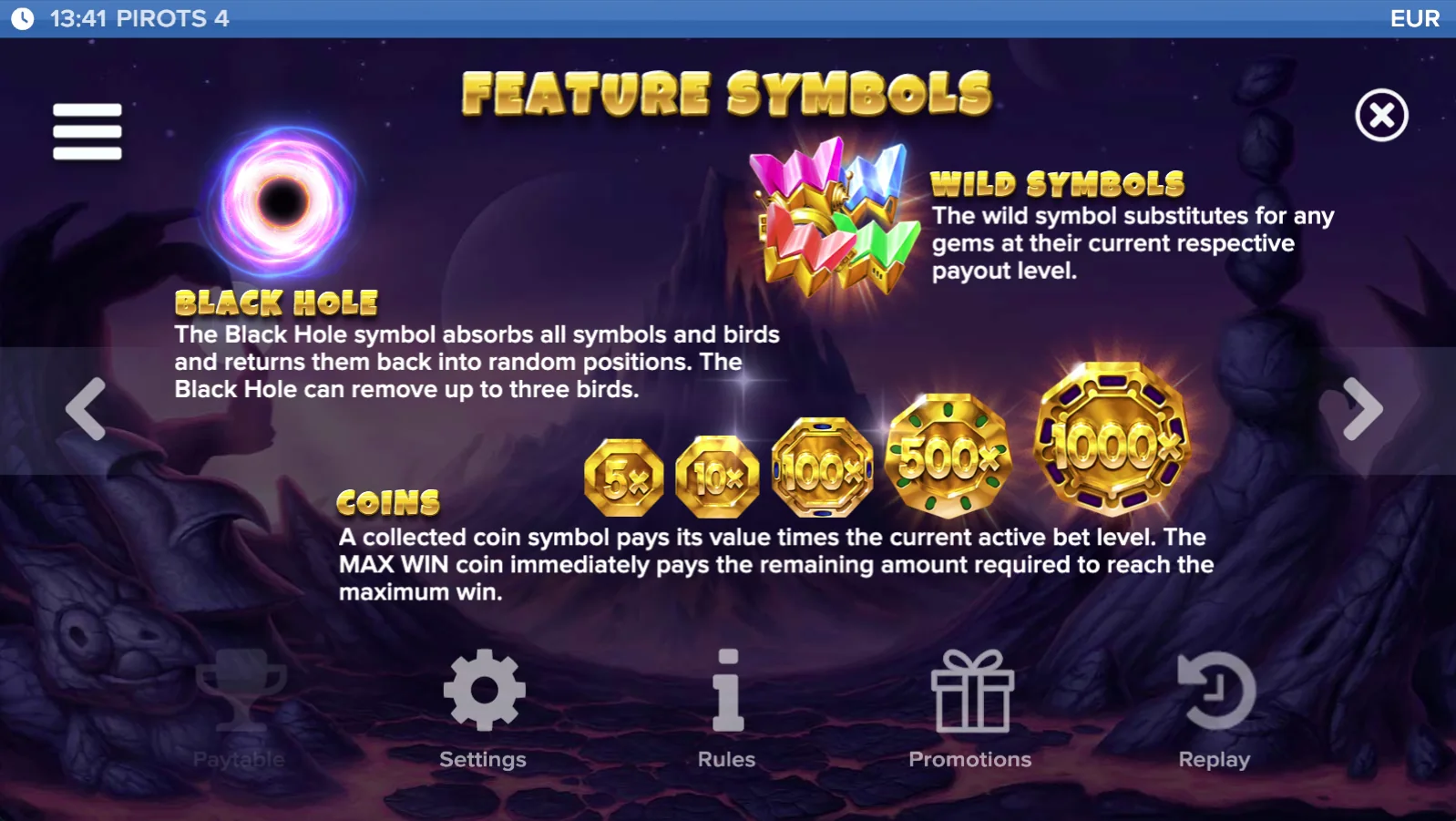 Pirots 4 paytable level 3 with symbols and values in Inferno