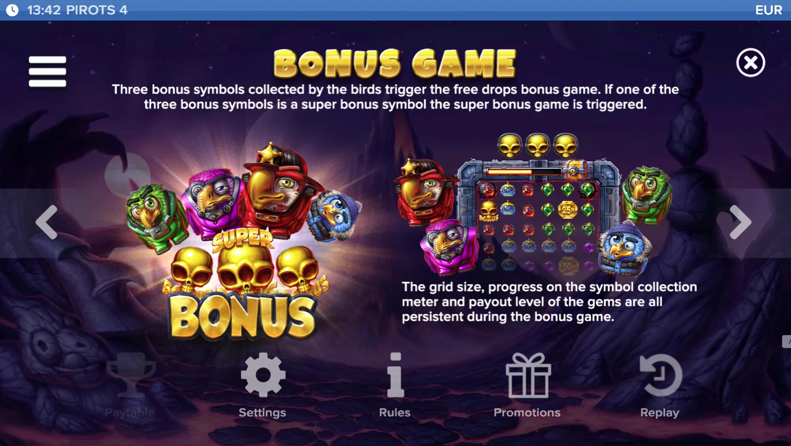 Pirots 4 paytable level 8 with symbols and values in Inferno