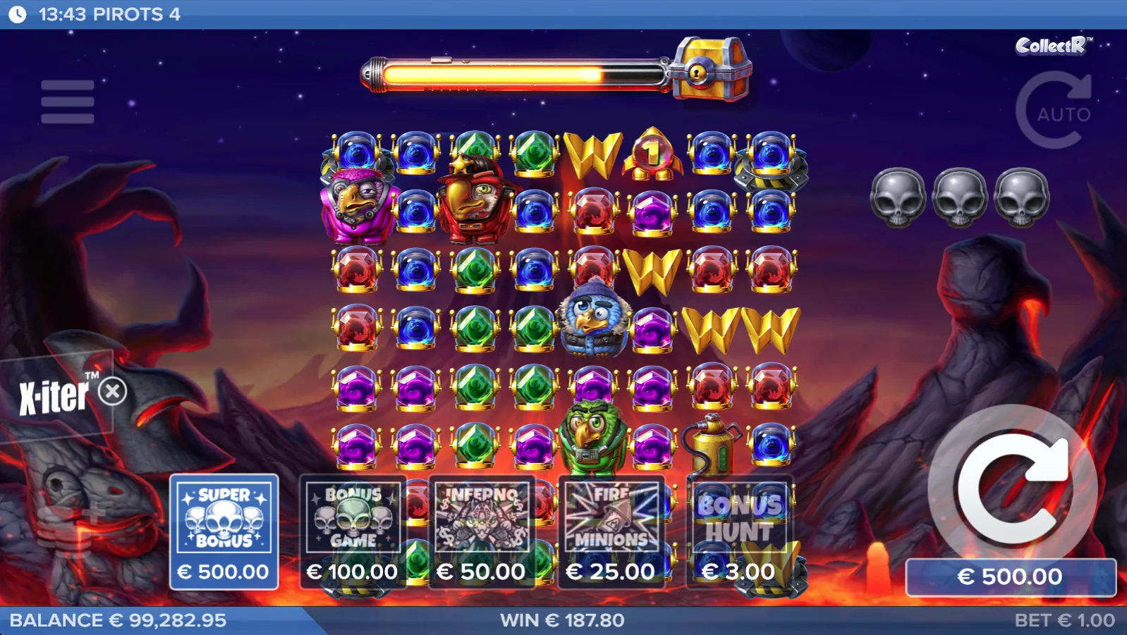 Pirots 4 start screen in demo mode for the Inferno world