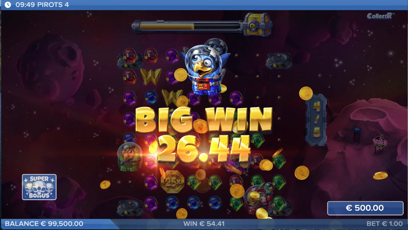 Pirots 4 big win screen with win animation in Lost in Space