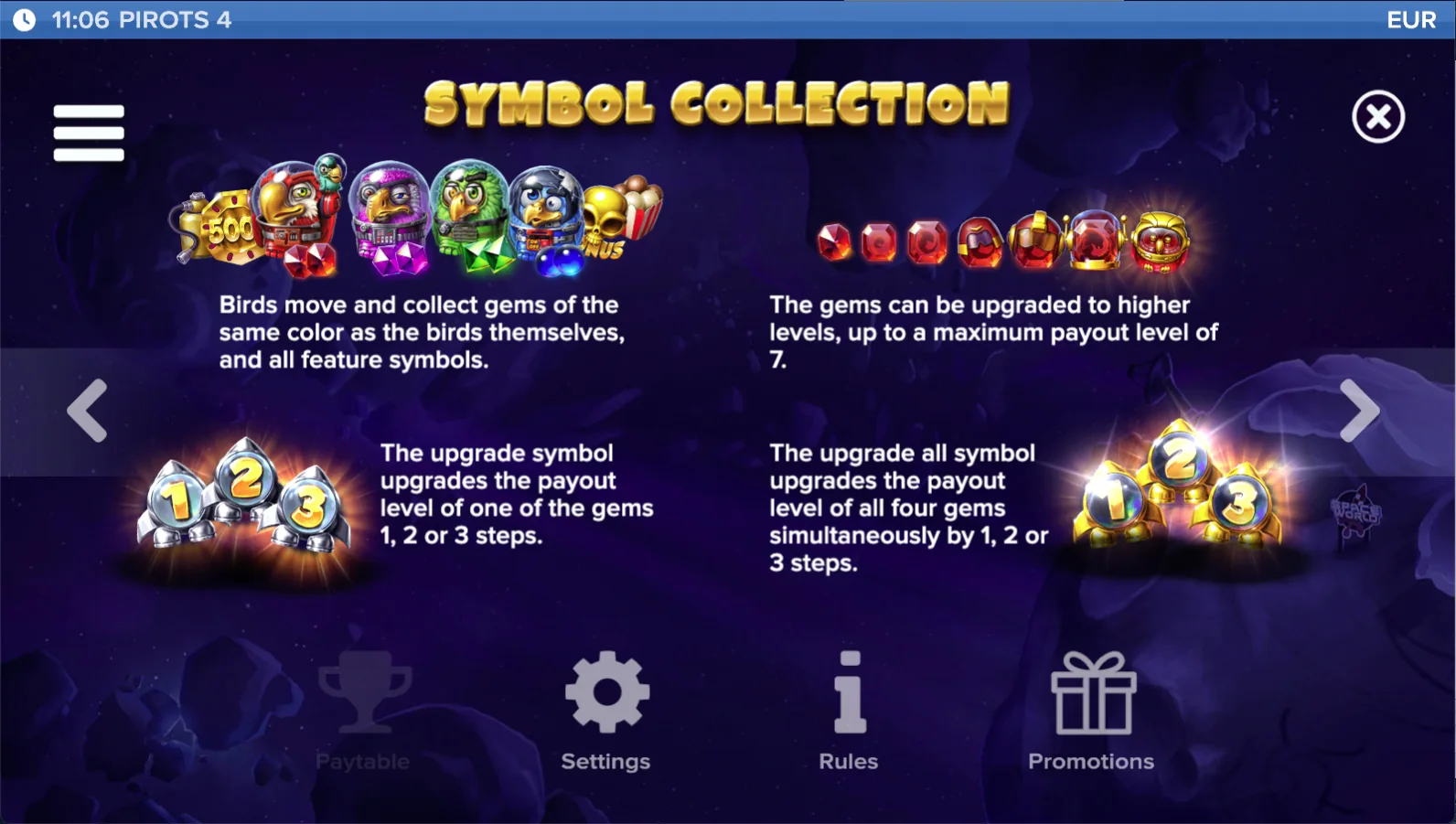 Pirots 4 paytable level 2 with symbols and values in Lost in Space