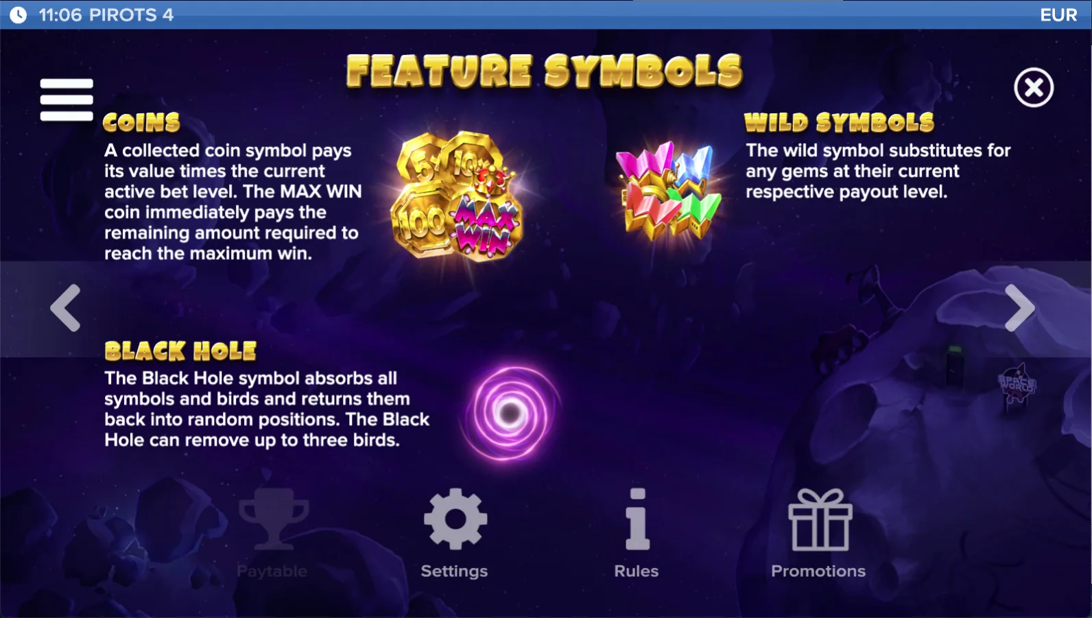 Pirots 4 paytable level 3 with symbols and values in Lost in Space