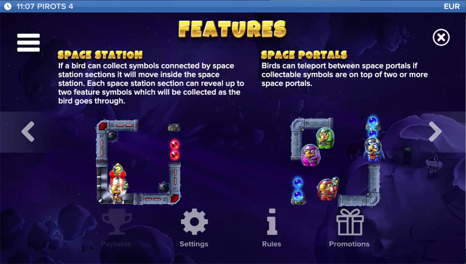 Pirots 4 paytable level 6 with symbols and values in Lost in Space