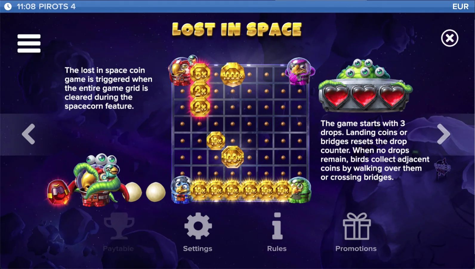 Pirots 4 paytable level 7 with symbols and values in Lost in Space