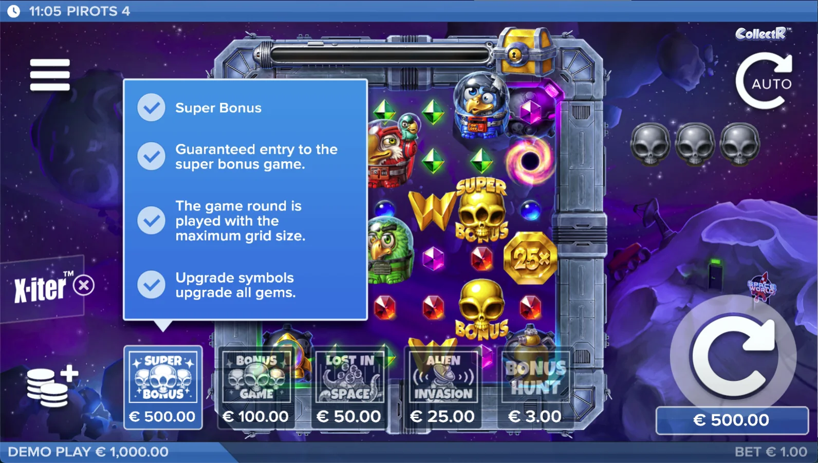 Pirots 4 X-iter buy mode with all price levels in Lost in Space