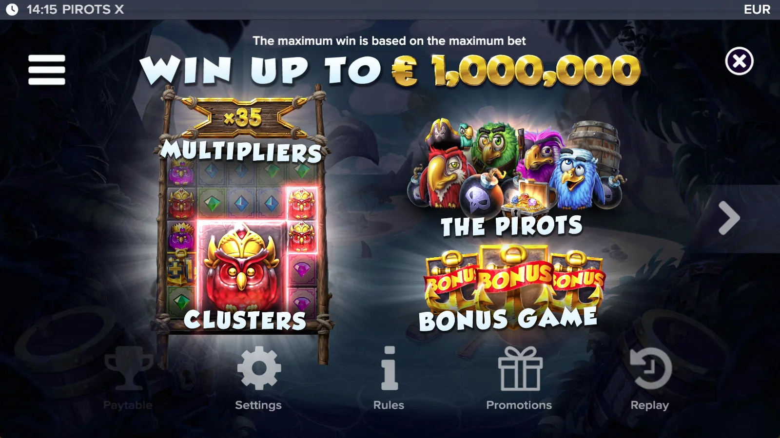 Pirots X paytable level 1 with symbols and values