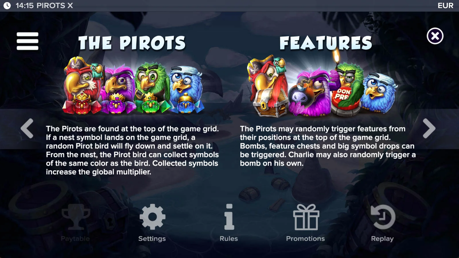 Pirots X paytable level 3 with symbols and values