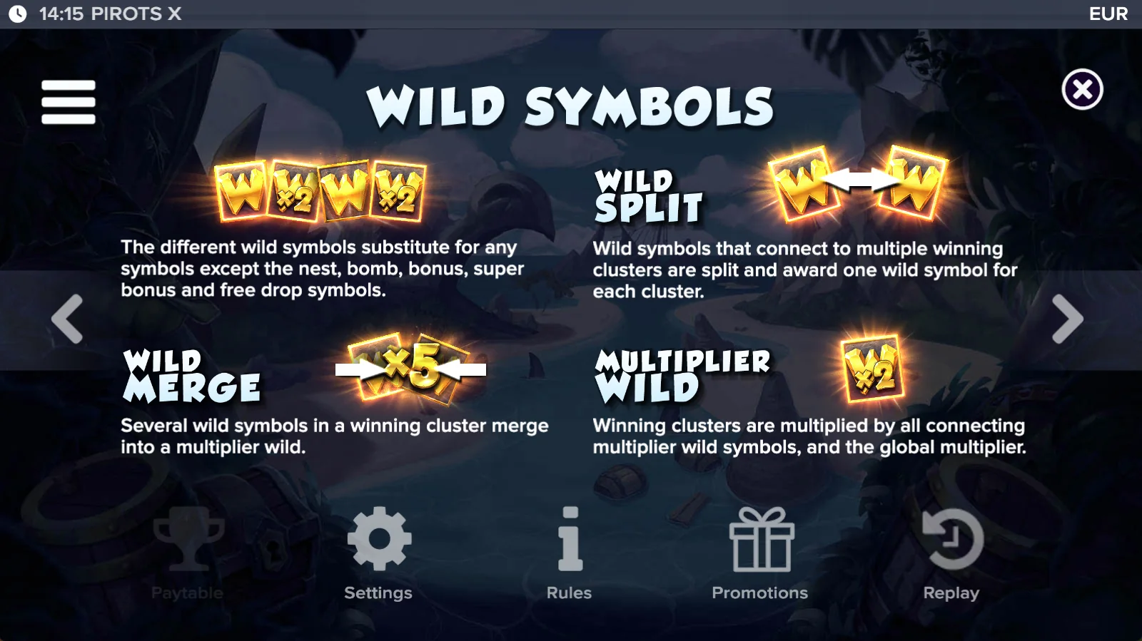 Pirots X paytable level 4 with symbols and values