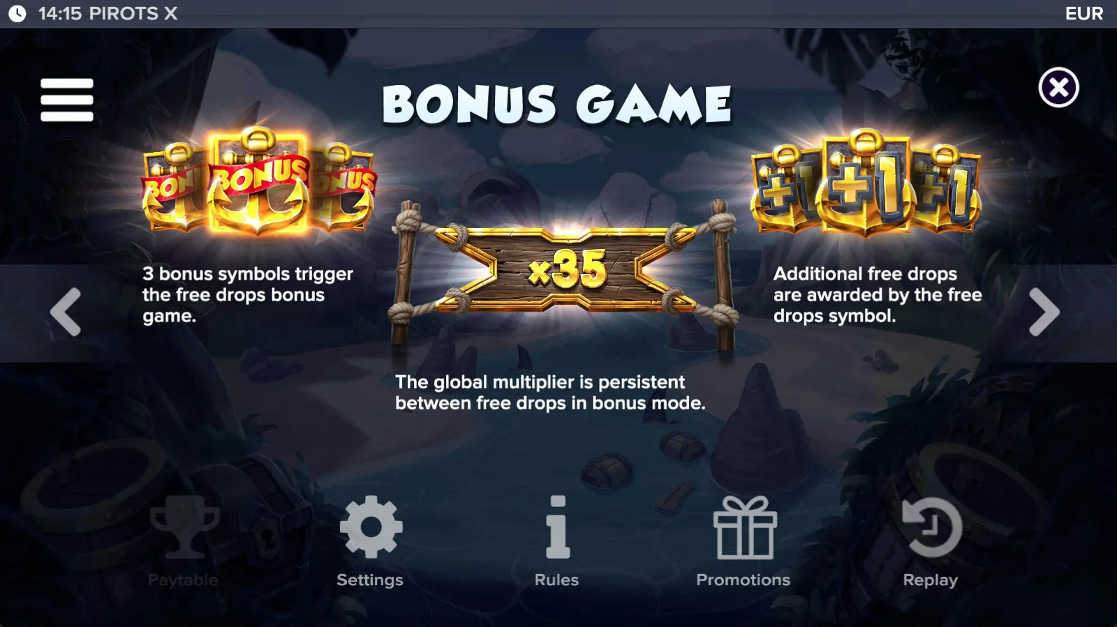 Pirots X paytable level 5 with symbols and values