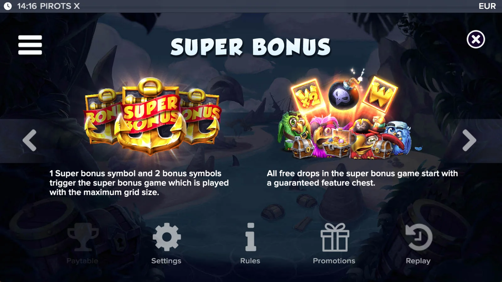 Pirots X paytable level 6 with symbols and values