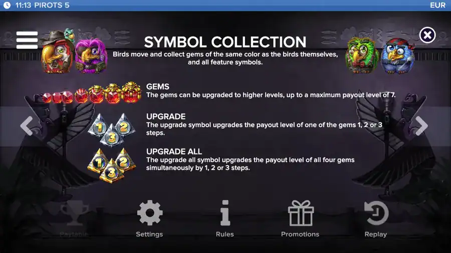 Pirots 5 base game symbol collection and upgrades on the grid