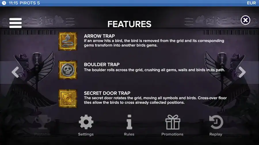 Pirots 5 traps: arrows, stone block and secret door