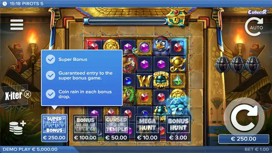 Pirots 5 X-iter feature buy menu with RTP and max win